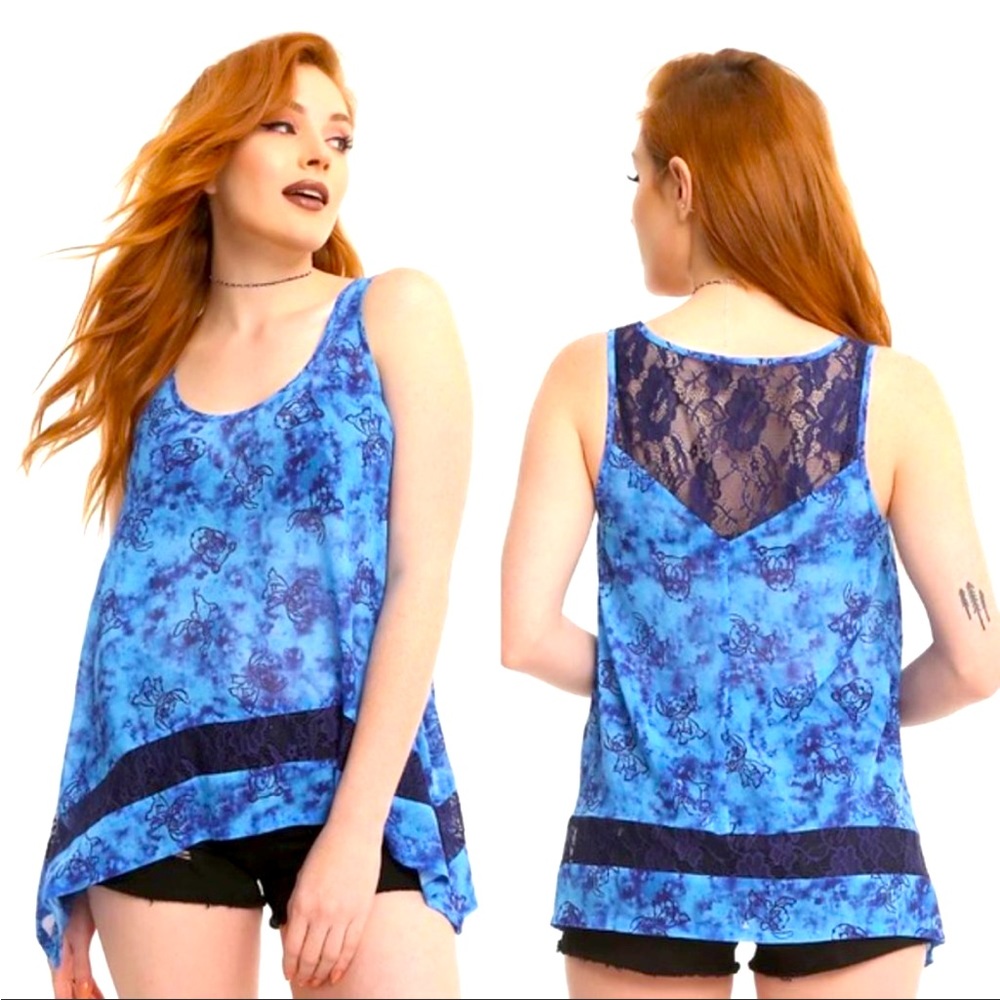 Hot Topic X Disney Lilo & Stitch lace details Blue Tie Dye Chiffon Top |